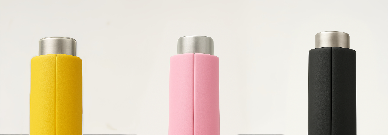 Three colorful cylindrical objects with metallic caps on a white background